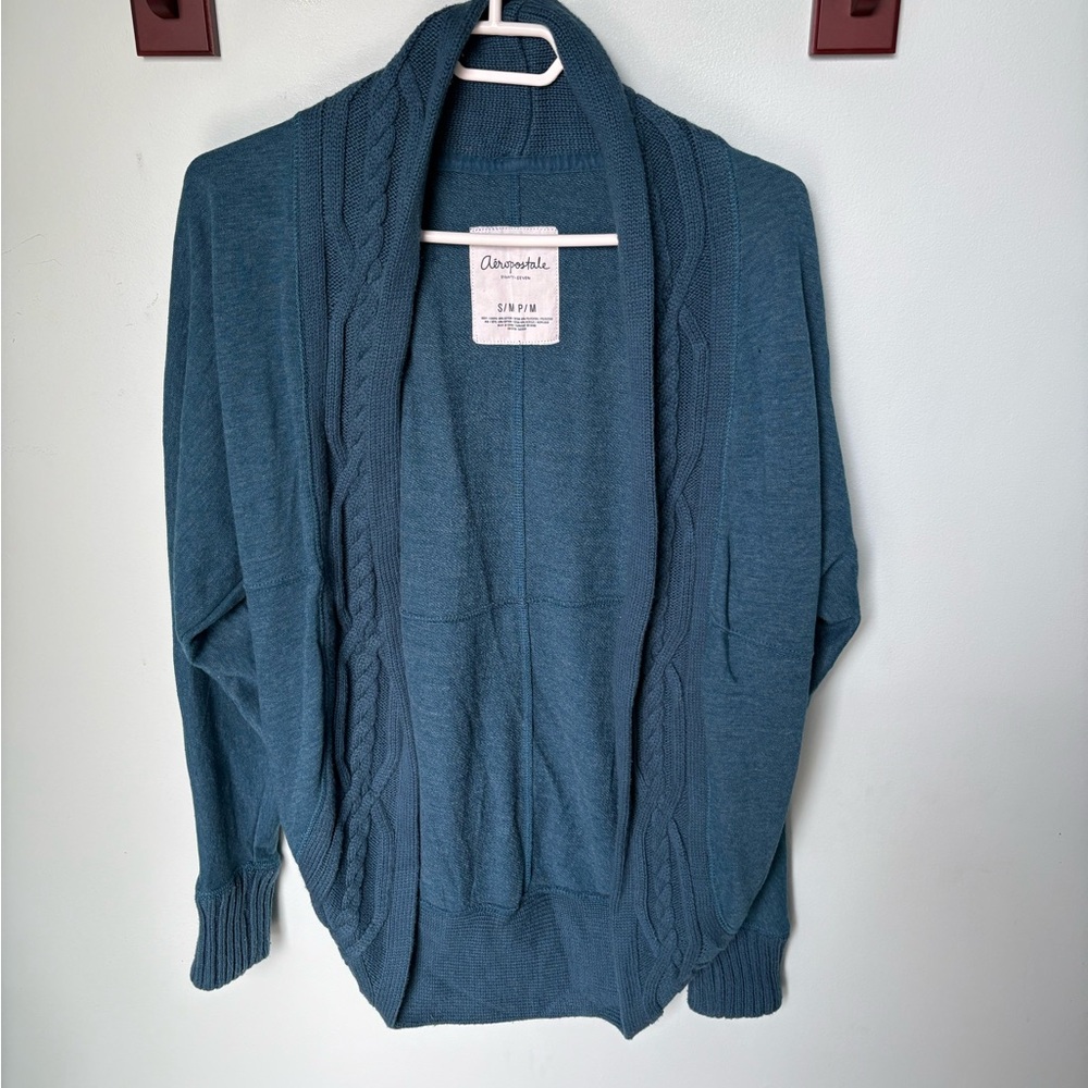 Aeropostale Teal Cardigan with knit trim and cuffs on the Sleeves